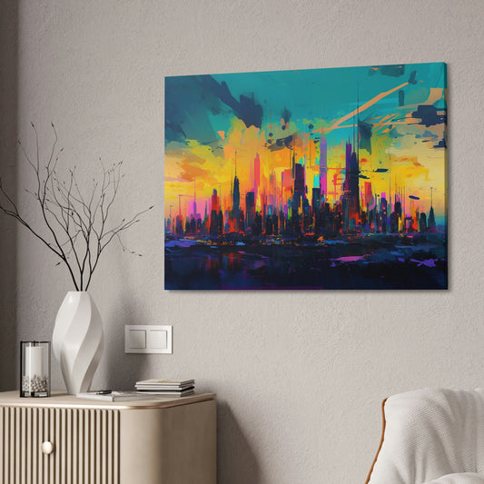 City skyline with a backdrop of bright neon colors exploding from a sunset. This impressionist style Ai Wall Art print makes an impact.