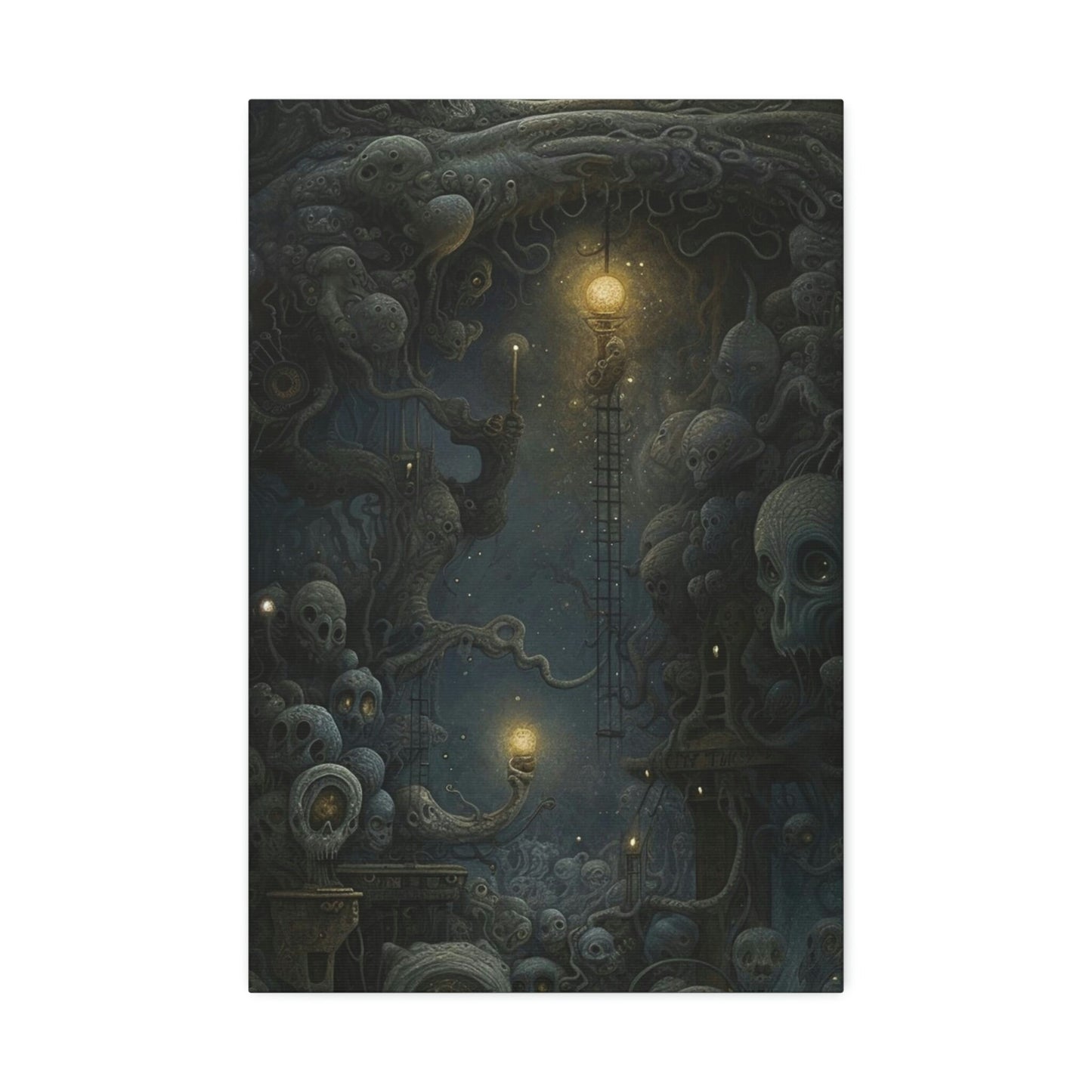Unique wall art for college apartments or new homes | Surreal AI-Art Print: Starry Night Inspired with H.R. Giger, Szukalski, and Beksinski