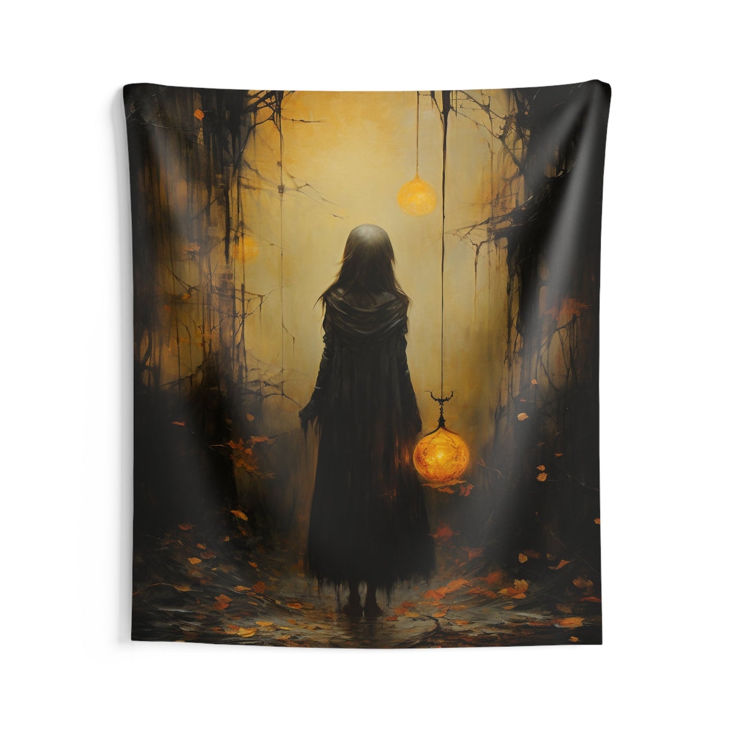 Shadowy Girl in the Dark Woods Indoor Wall Tapestries for all your Smoker Friends. Unique AI Art designs for your dorm or chillout rooms.