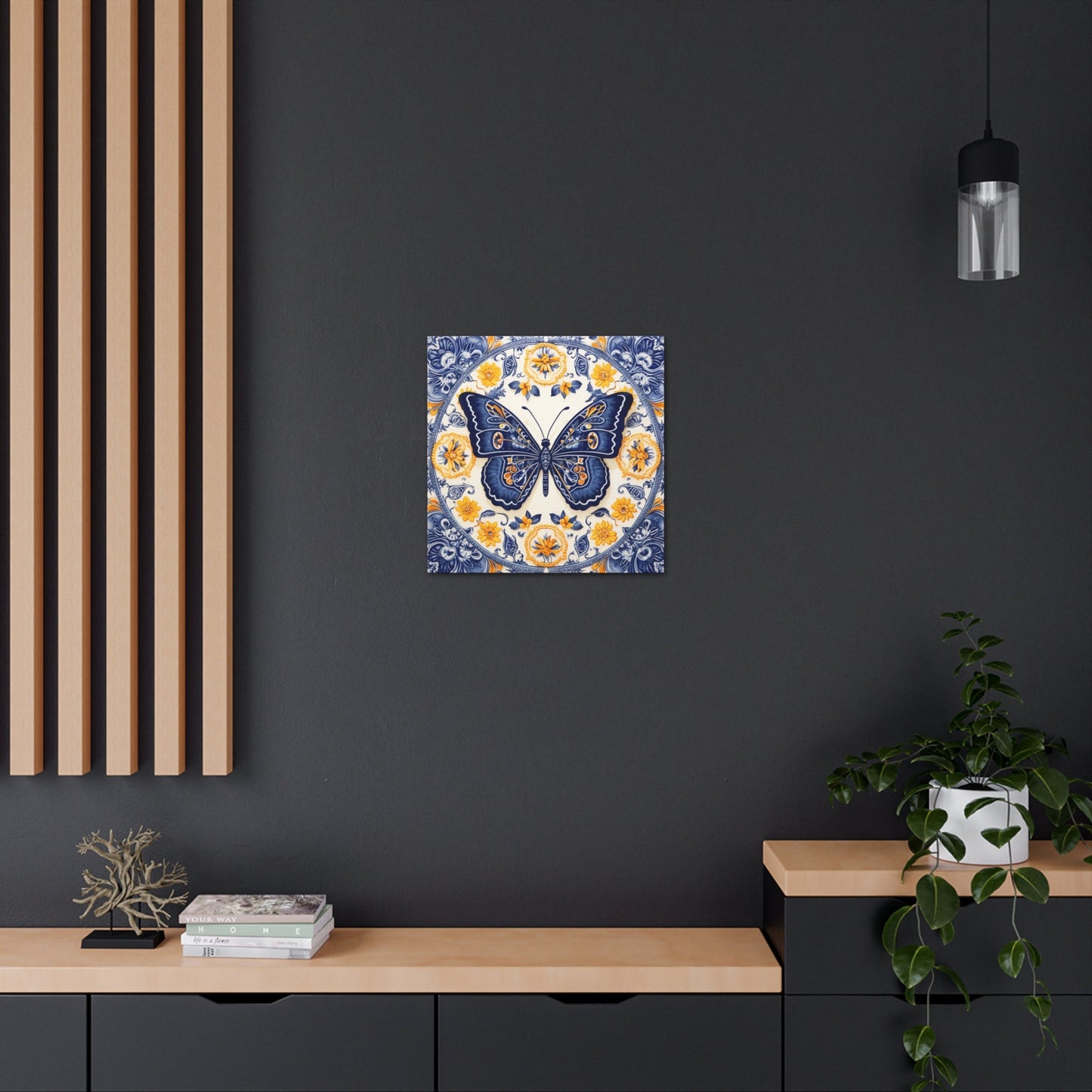 Unique Wall Art for your Home, Apartment or Dorm Room. Butterfly in the style of Qinghua pottery #2. Blue, Orange & white. Awesome 4 U.