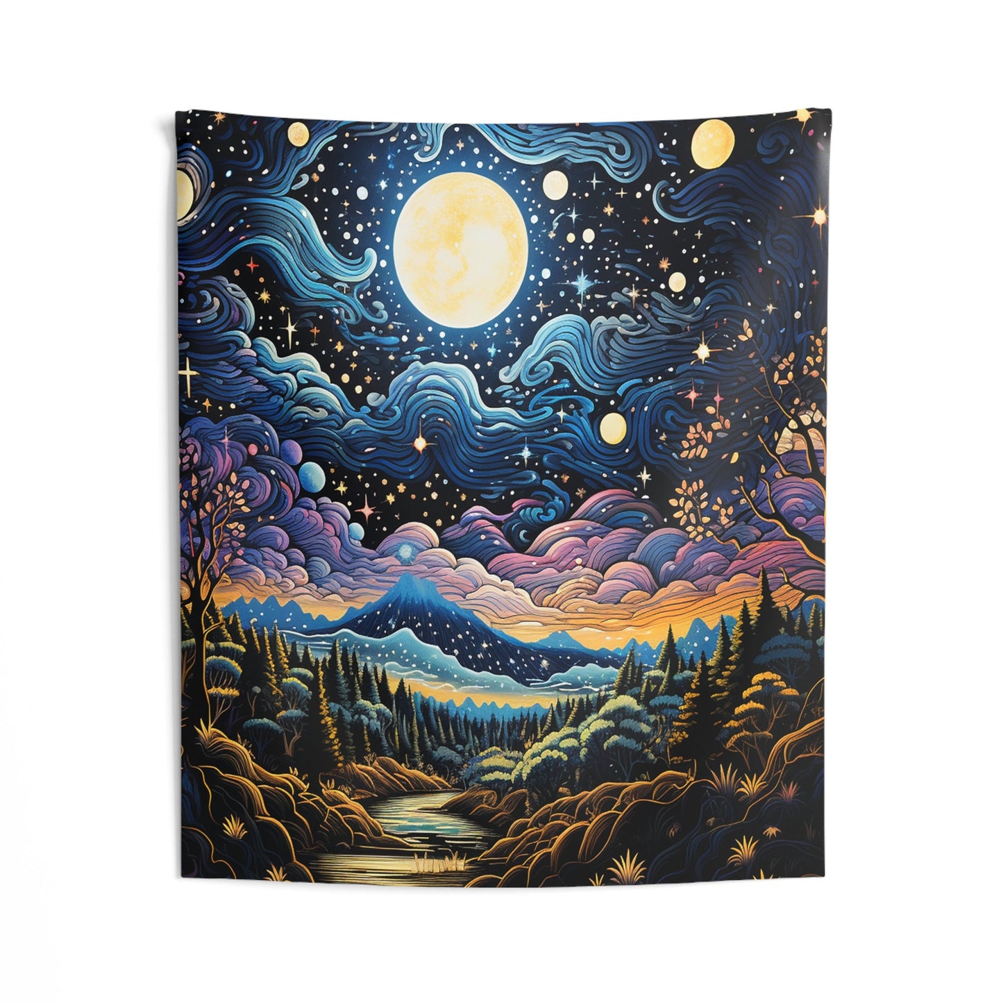 Trippy Moon and Stars Landscape Indoor Wall Tapestries for all your Smoker Friends. Unique AI Art designs for your dorm or chillout rooms.