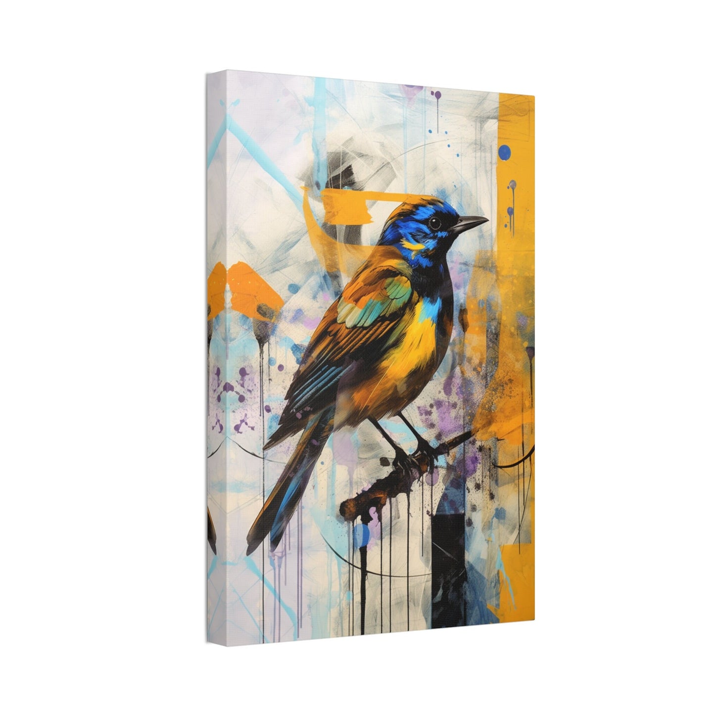 Unique College Dorm or New Apartment Wall Art | Abstract print of a yellow and blue bird. Ai generated digital painting.
