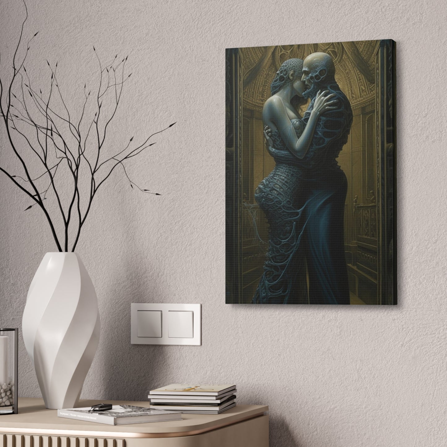 The Embrace: AI generated version mixing styles of H.R Giger with Gustav Klimt's masterpiece, The Kiss.