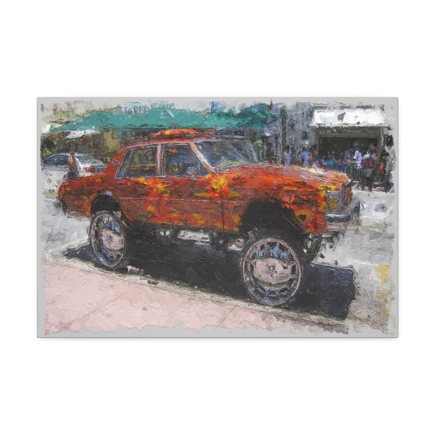 Unique College Dorm or New Apartment Wall Art | Oil Painted Car with Huge Rims. Ai generated.
