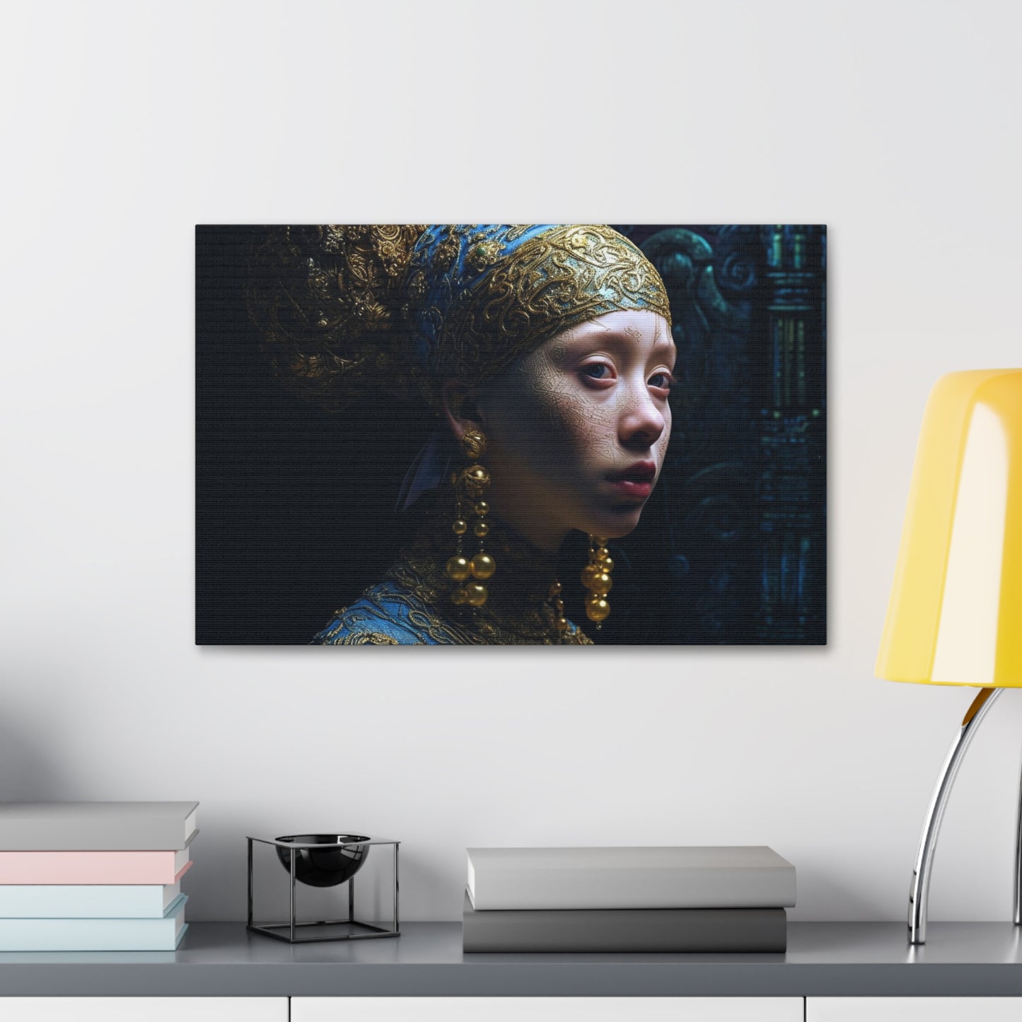 Ai Wall Art: Reimagined Photorealistic version of the Vermeer masterpiece, Girl with a Pearl Earring. Alternative POV with an alien twist.