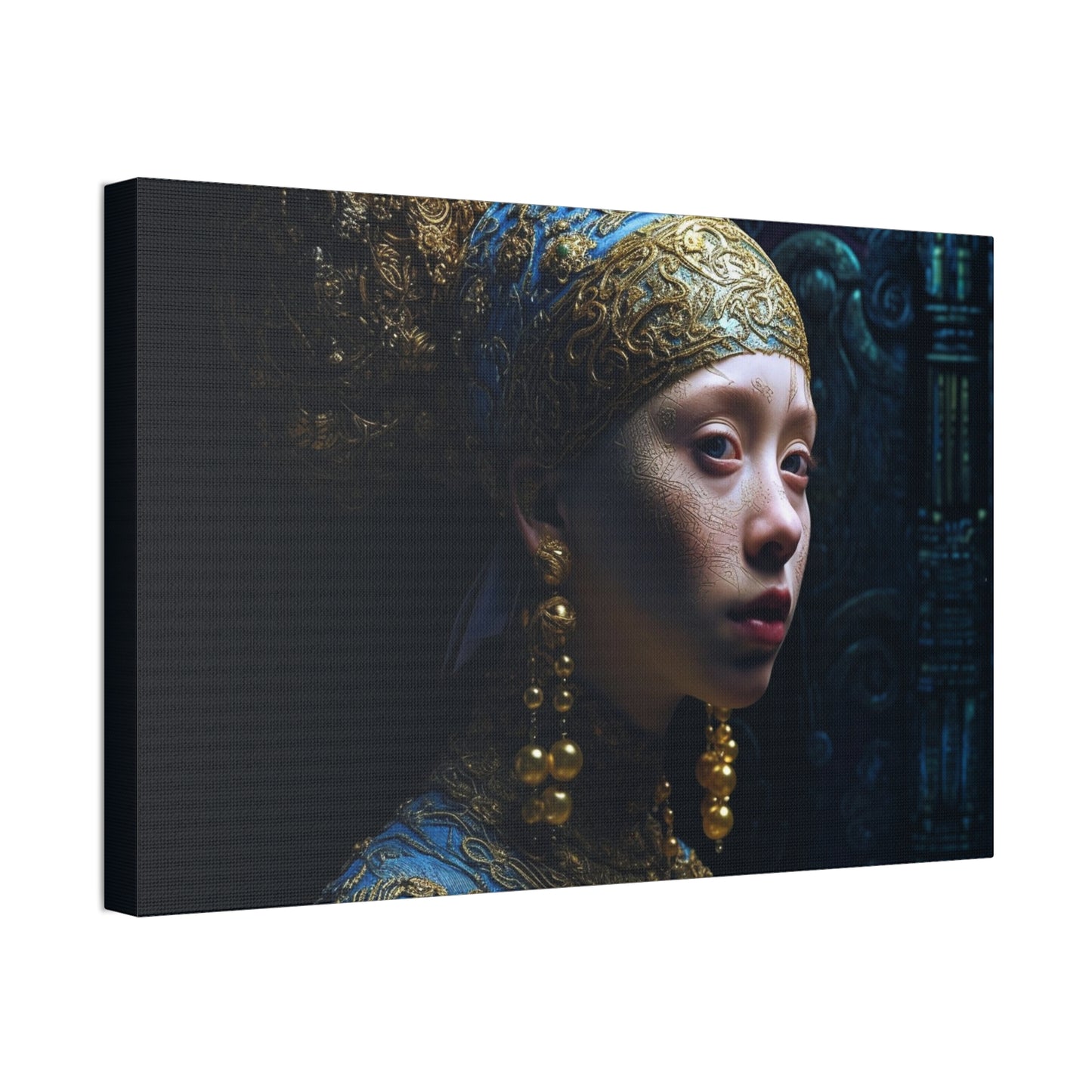Ai Wall Art: Reimagined Photorealistic version of the Vermeer masterpiece, Girl with a Pearl Earring. Alternative POV with an alien twist.
