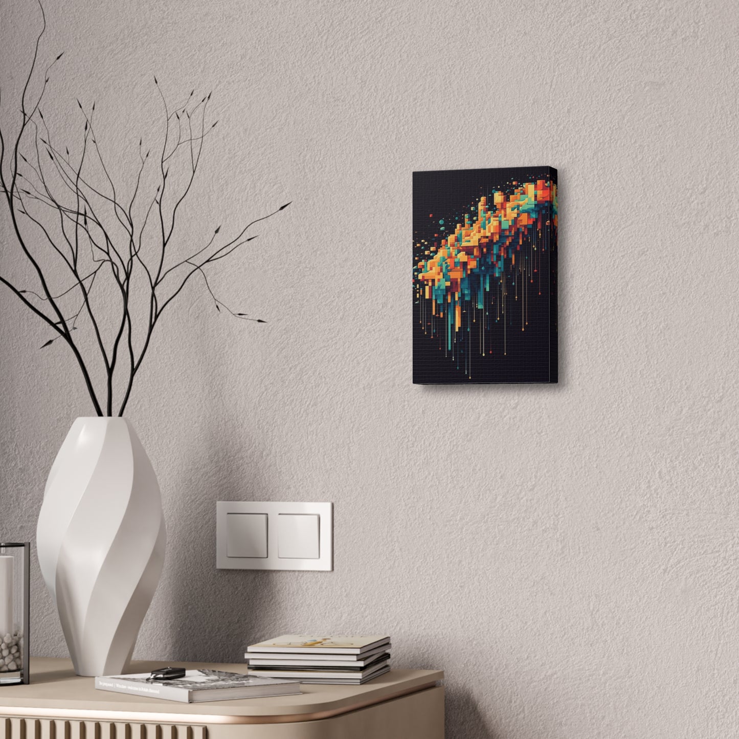 Pixel Drip: AI generated art crossing pixel art mixed with paint pouring techniques. Multicolored wall art.