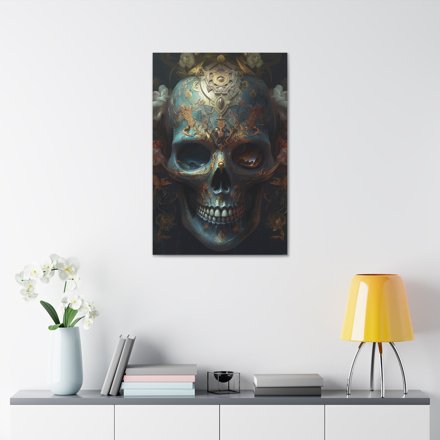 Ornate Painted Skull #1: AI hyper realistic wall art of a sky blue skull covered in ornate designs & decorations. The first of many.