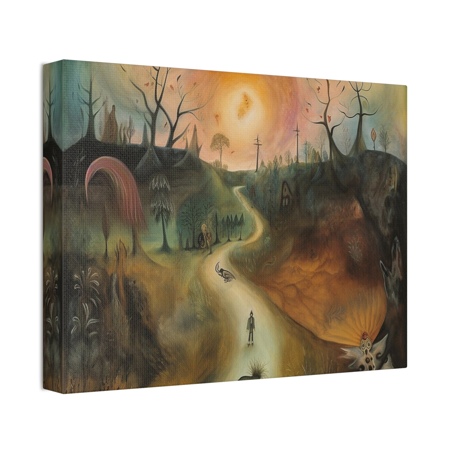 Sleep Paralysis Road: AI generated version of the a Surrealistic piece meant to be haunting and dreamy wall art. Ode to Leonora Carrington.