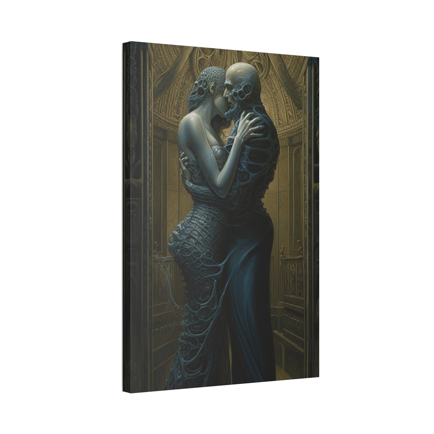 The Embrace: AI generated version mixing styles of H.R Giger with Gustav Klimt's masterpiece, The Kiss.