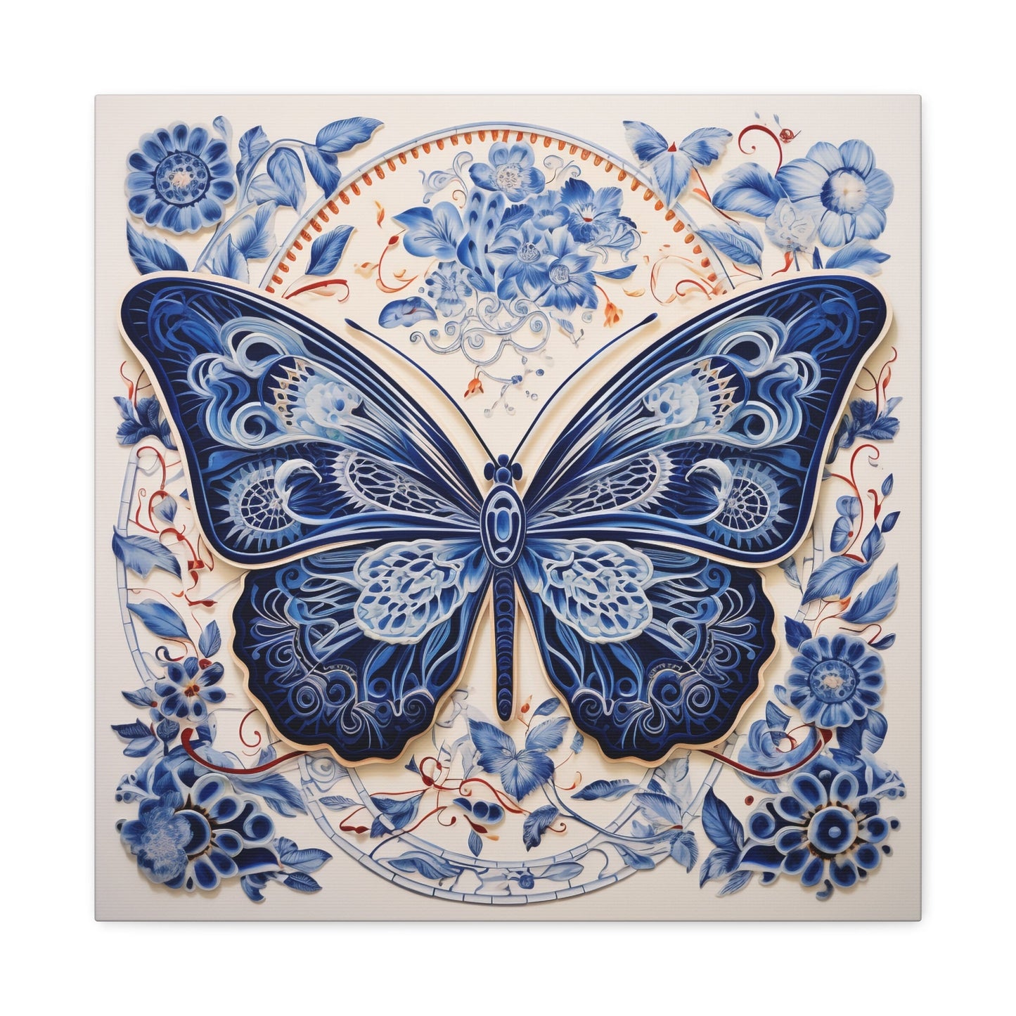 Unique Wall Art for your Home, Apartment or Dorm Room. Butterfly and in the style of Qinghua pottery. Blue, Orange & white. Awesome 4 U.