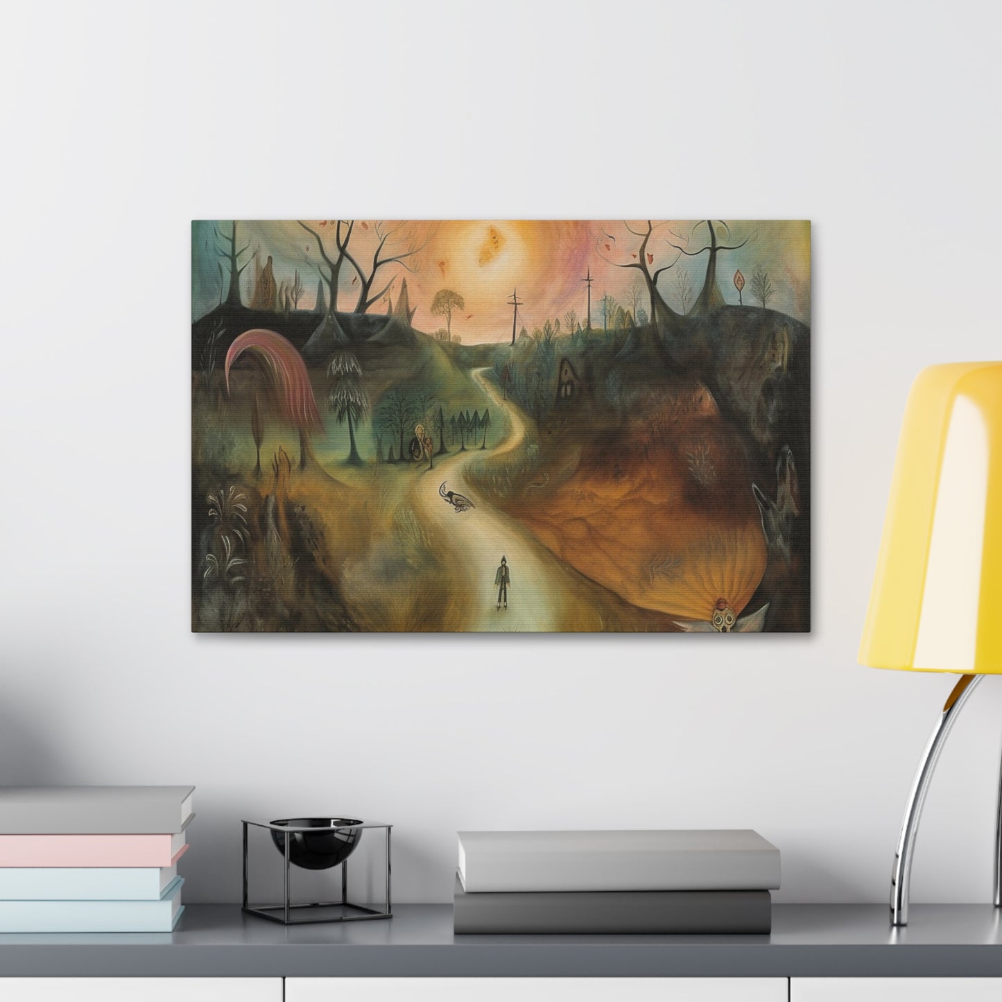 Sleep Paralysis Road: AI generated version of the a Surrealistic piece meant to be haunting and dreamy wall art. Ode to Leonora Carrington.