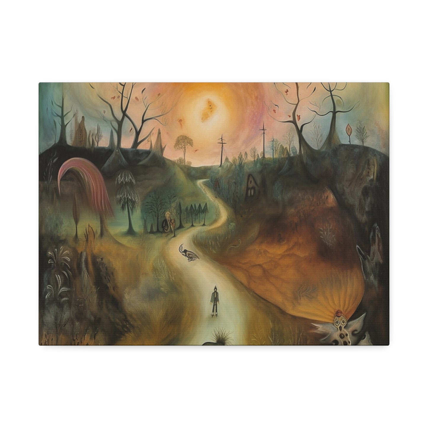 Sleep Paralysis Road: AI generated version of the a Surrealistic piece meant to be haunting and dreamy wall art. Ode to Leonora Carrington.