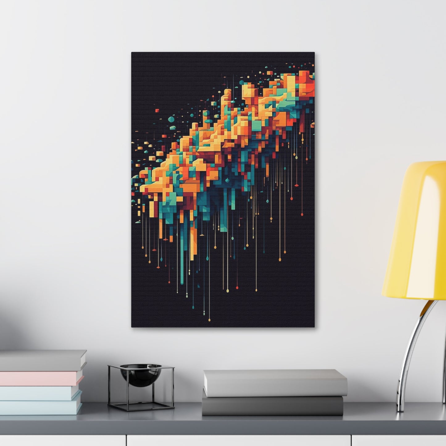 Pixel Drip: AI generated art crossing pixel art mixed with paint pouring techniques. Multicolored wall art.