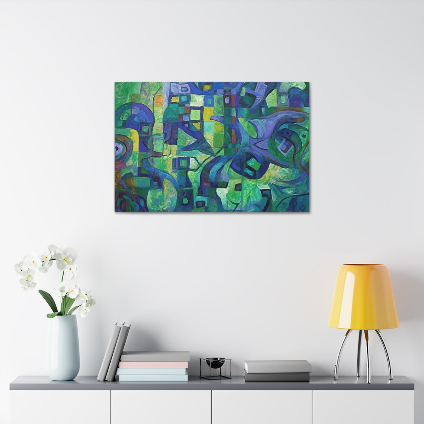 The Octopus Ai Generated Abstract Painting Style Wall Art. Brightly colored piece. Will brighten up any dull room. Green and purple dominate