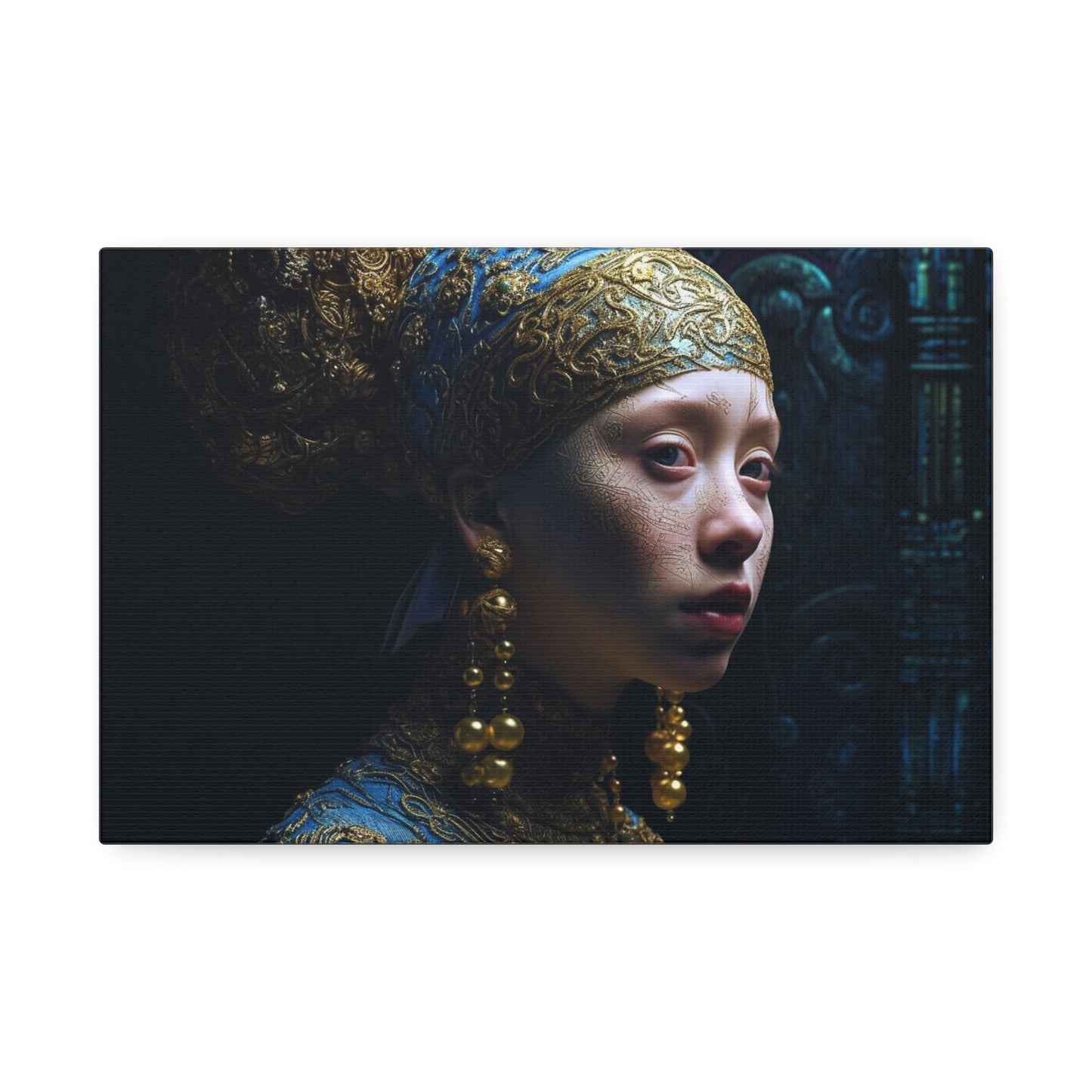 Ai Wall Art: Reimagined Photorealistic version of the Vermeer masterpiece, Girl with a Pearl Earring. Alternative POV with an alien twist.