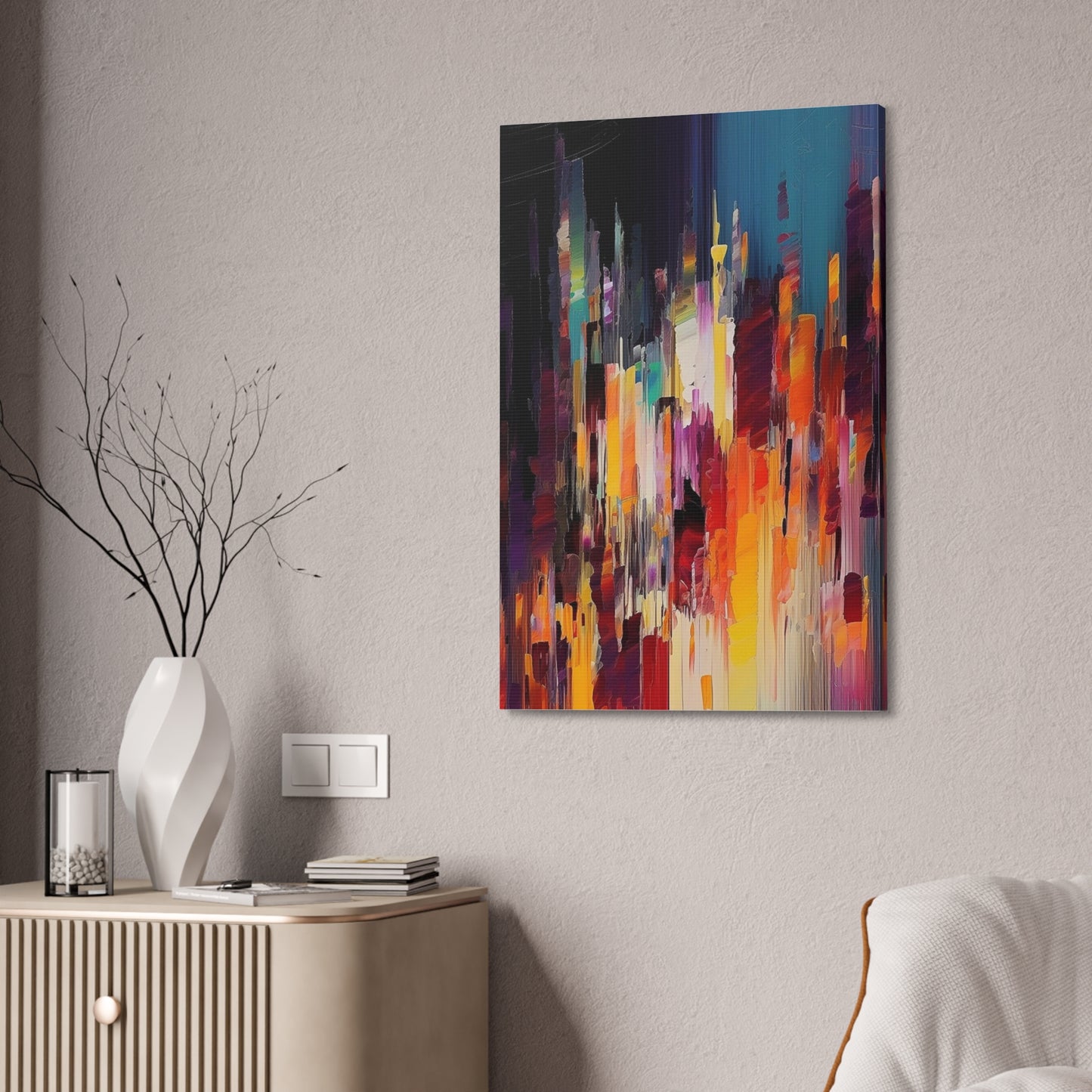 Rainbow Pixel Drip Abstract Painting Print.  Ai digital oil painting print meant to resemble a cross between abstract style and pixel art.