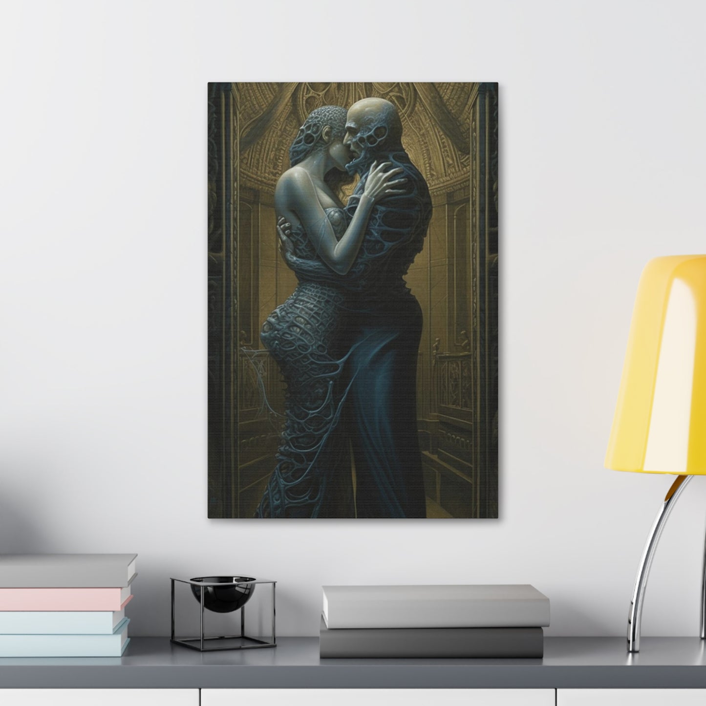 The Embrace: AI generated version mixing styles of H.R Giger with Gustav Klimt's masterpiece, The Kiss.