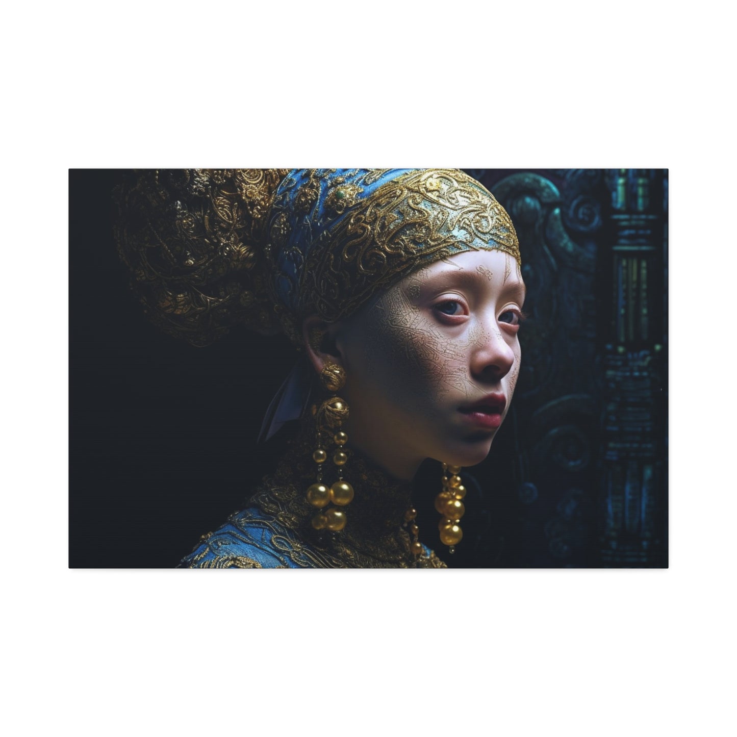 Ai Wall Art: Reimagined Photorealistic version of the Vermeer masterpiece, Girl with a Pearl Earring. Alternative POV with an alien twist.