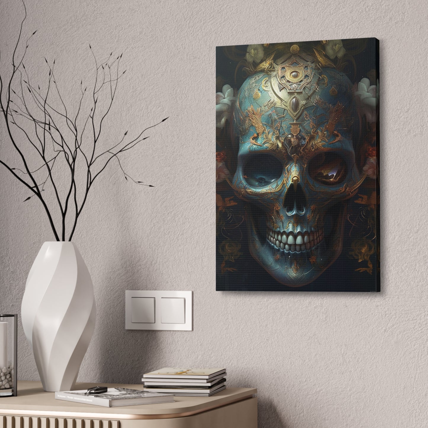 Ornate Painted Skull #1: AI hyper realistic wall art of a sky blue skull covered in ornate designs & decorations. The first of many.