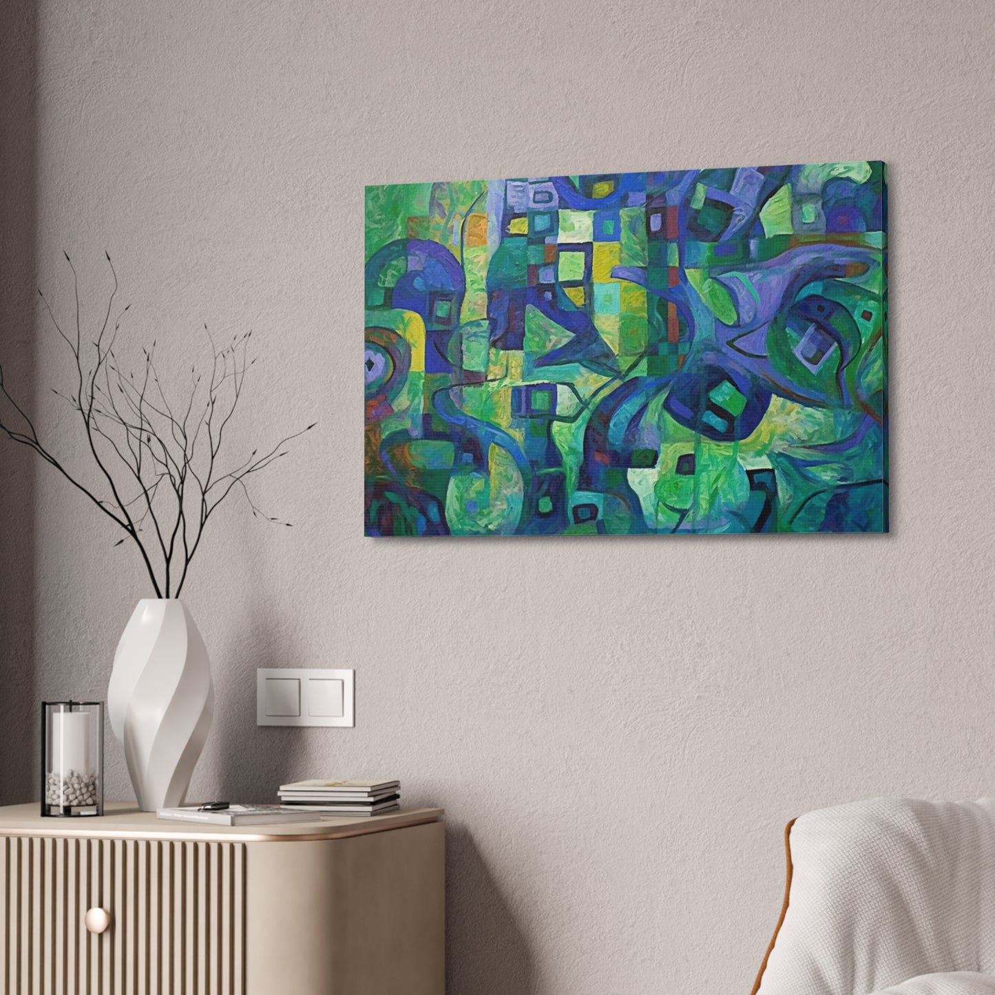 The Octopus Ai Generated Abstract Painting Style Wall Art. Brightly colored piece. Will brighten up any dull room. Green and purple dominate