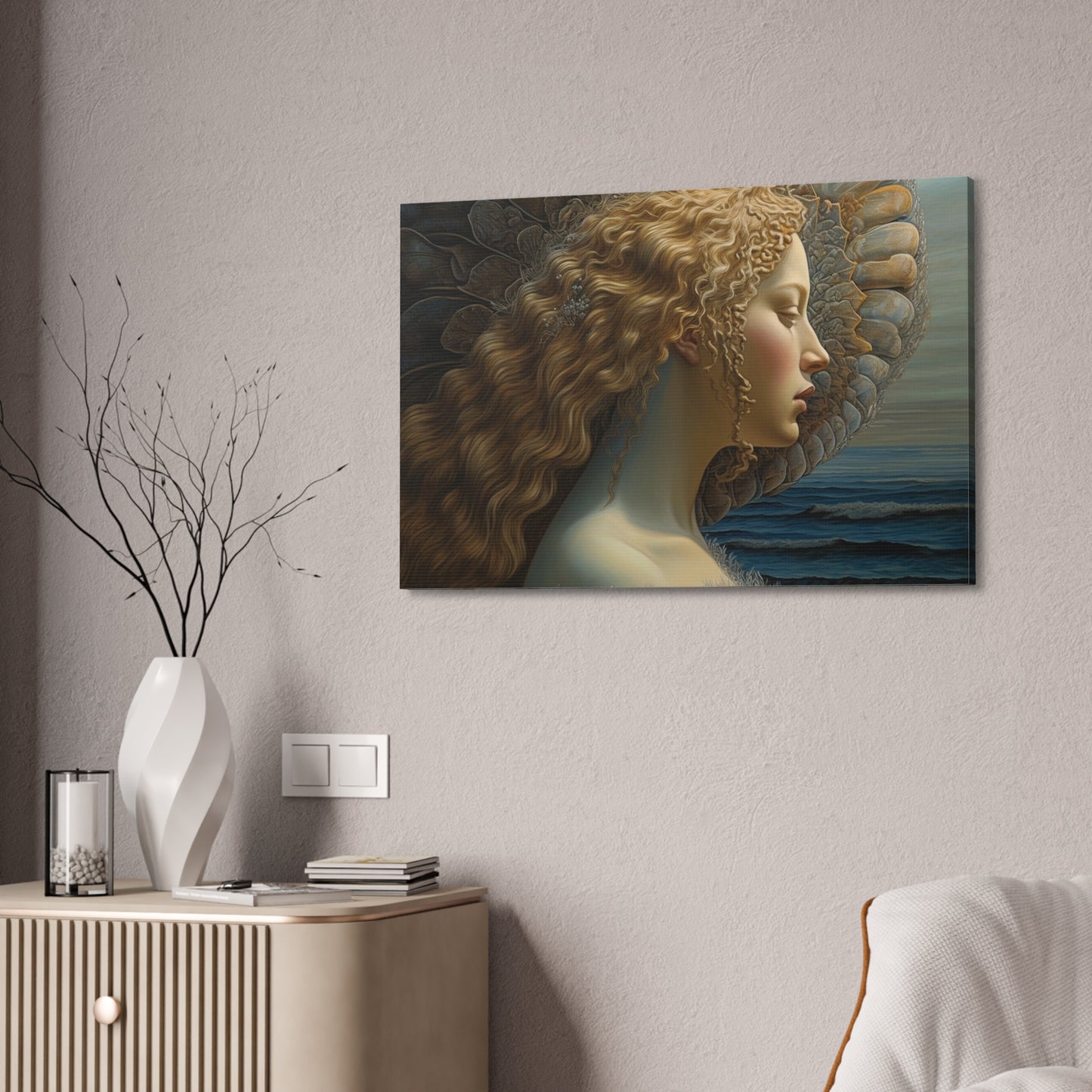 Ai Wall Art: Reimagined version of Botticelli's masterpiece, The Birth of Venus from a profile view. This is a beautiful, yet haunting print