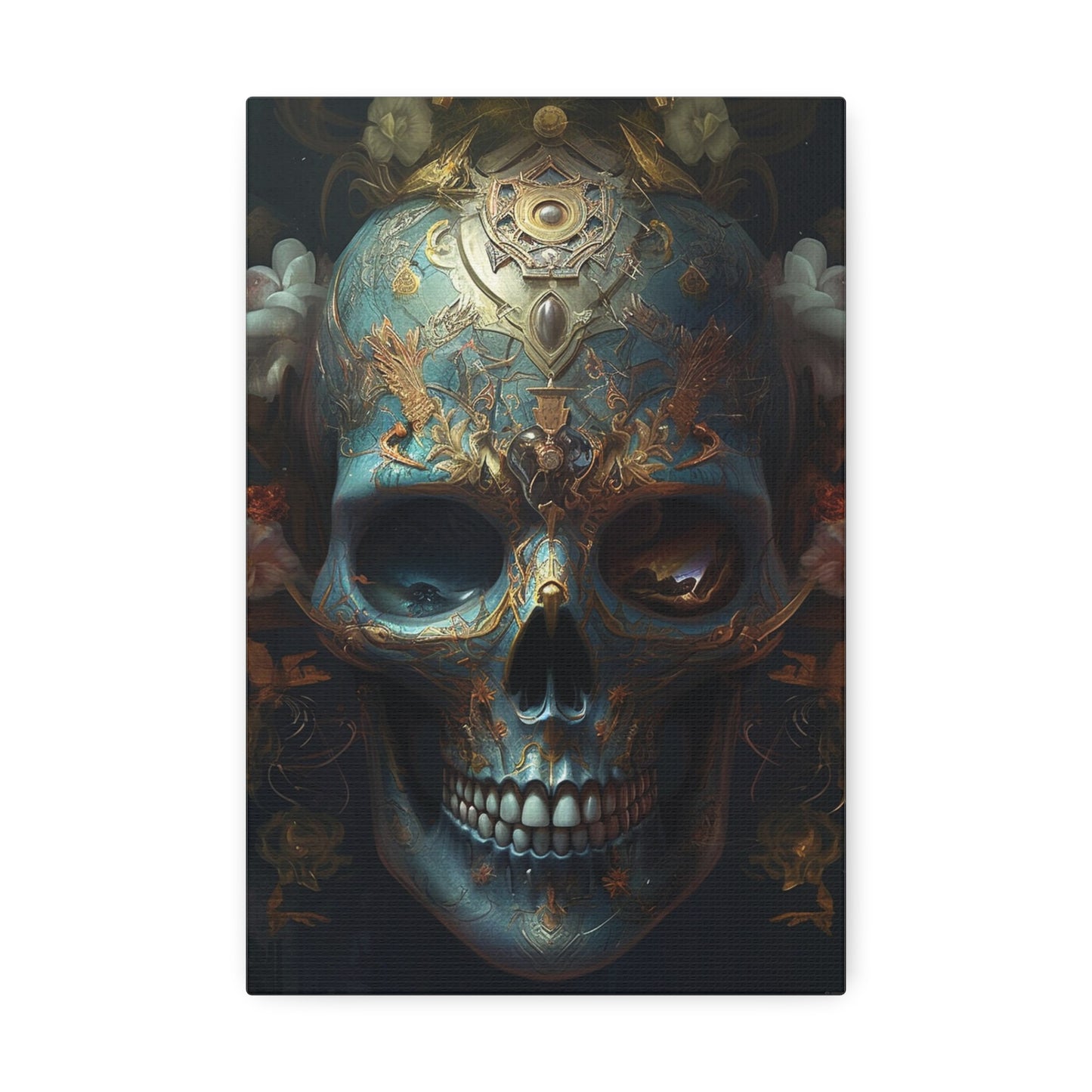 Ornate Painted Skull #1: AI hyper realistic wall art of a sky blue skull covered in ornate designs & decorations. The first of many.