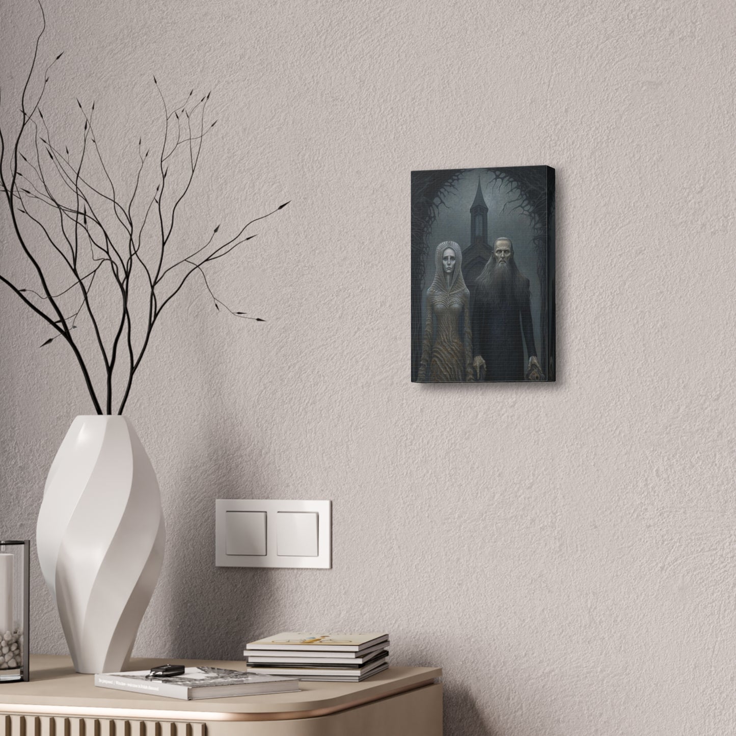 Gothic American Gothic: AI generated version of the classic masterpiece through the eyes of artists known for haunting surreal paintings.