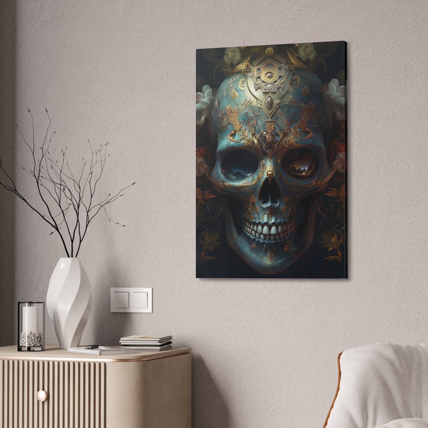 Ornate Painted Skull #1: AI hyper realistic wall art of a sky blue skull covered in ornate designs & decorations. The first of many.