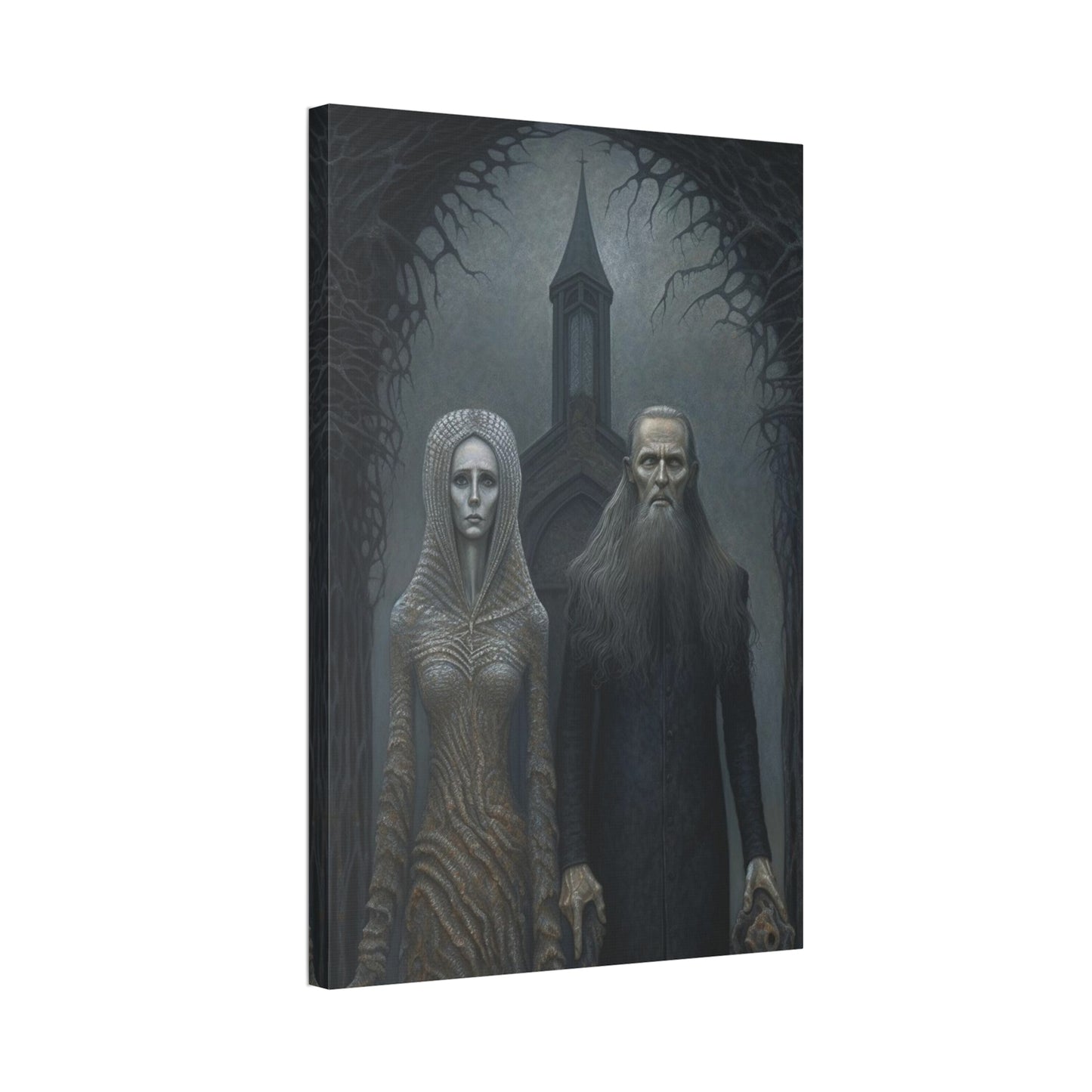 Gothic American Gothic: AI generated version of the classic masterpiece through the eyes of artists known for haunting surreal paintings.
