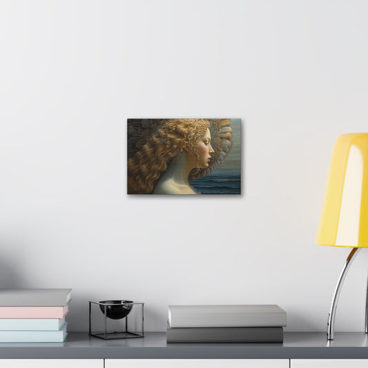 Ai Wall Art: Reimagined version of Botticelli's masterpiece, The Birth of Venus from a profile view. This is a beautiful, yet haunting print