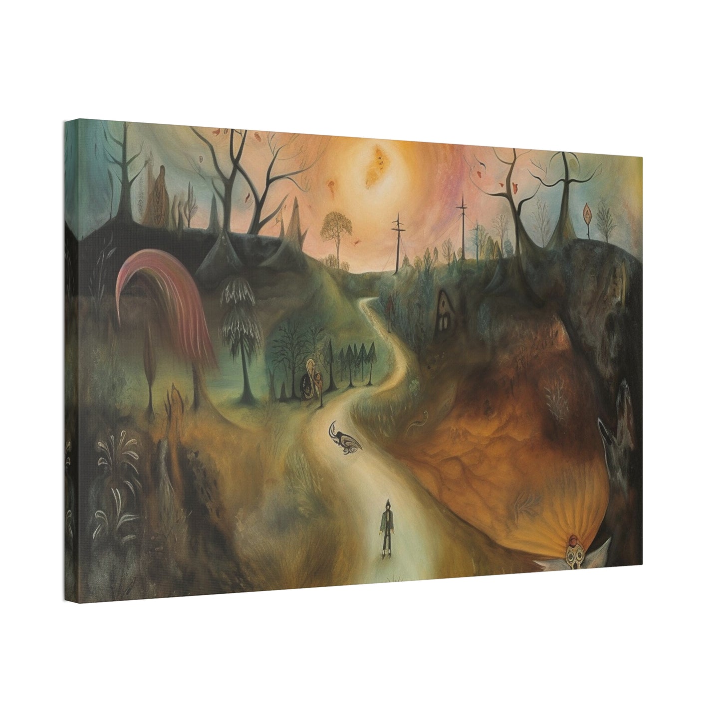 Sleep Paralysis Road: AI generated version of the a Surrealistic piece meant to be haunting and dreamy wall art. Ode to Leonora Carrington.