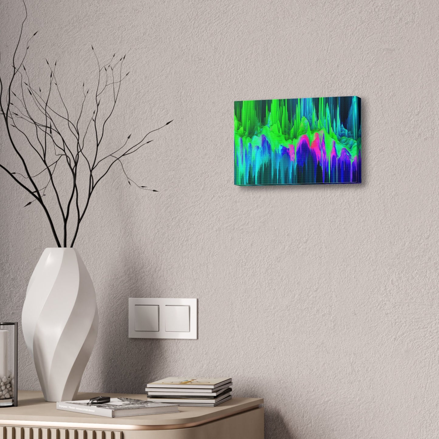 Unique College Dorm, Home or Apartment Wall Art | Green, Teal, Purple, and Pink Neon Pixel Drift Art. Ai generated.