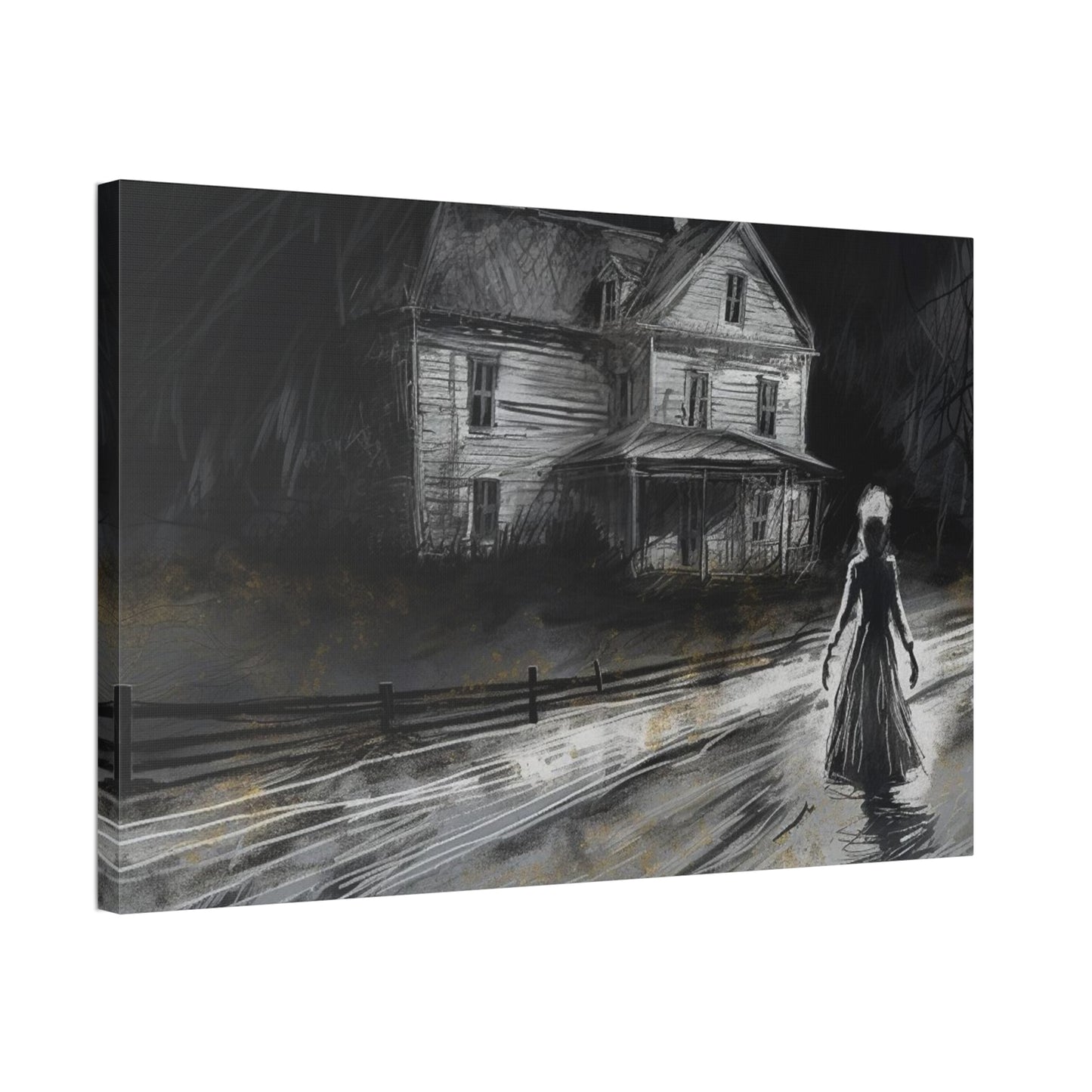 Haunting Charcoal and Pastel Sketch of a slender dark woman on a lonely path by an ominous house: AI generated ominous wall art.