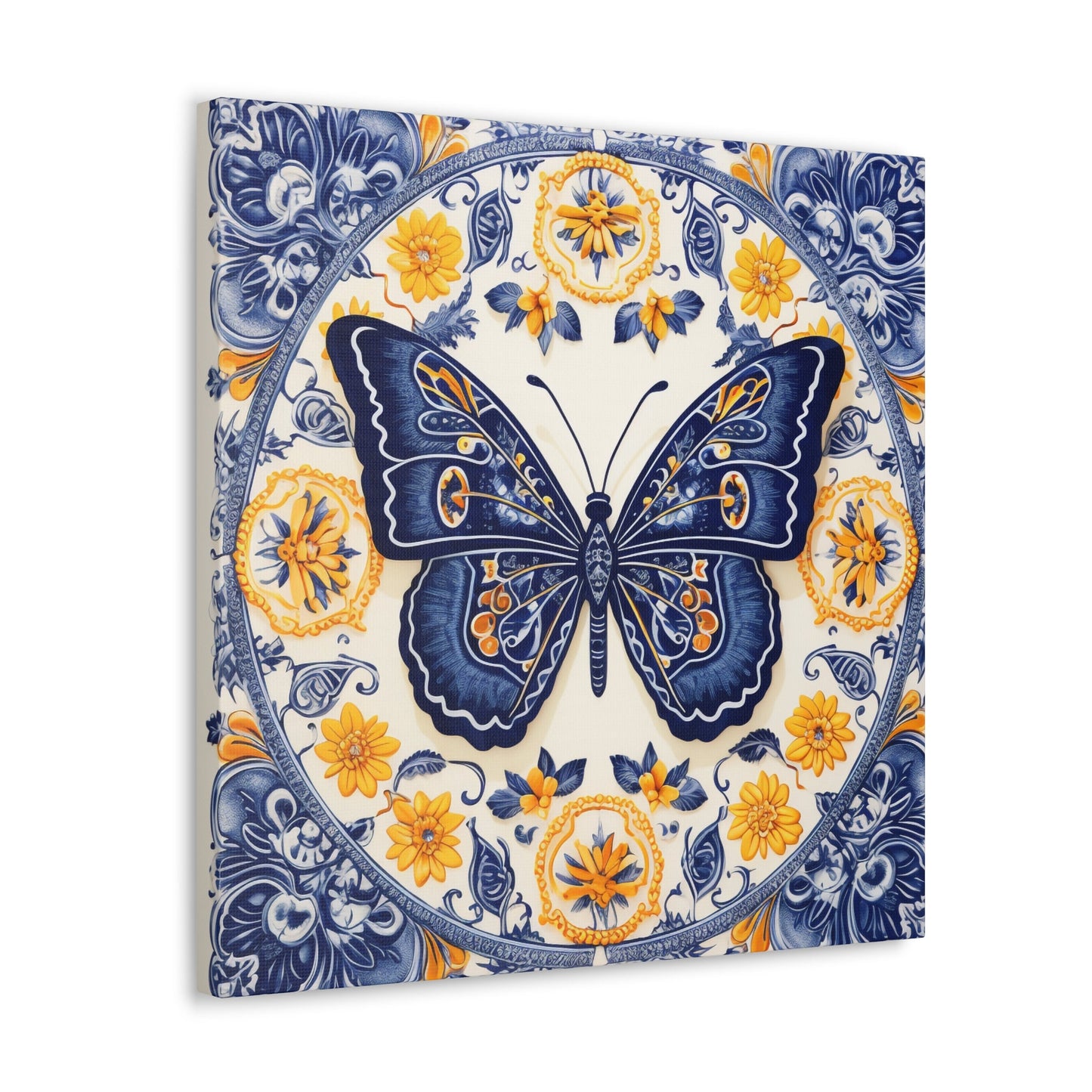 Unique Wall Art for your Home, Apartment or Dorm Room. Butterfly in the style of Qinghua pottery #2. Blue, Orange & white. Awesome 4 U.