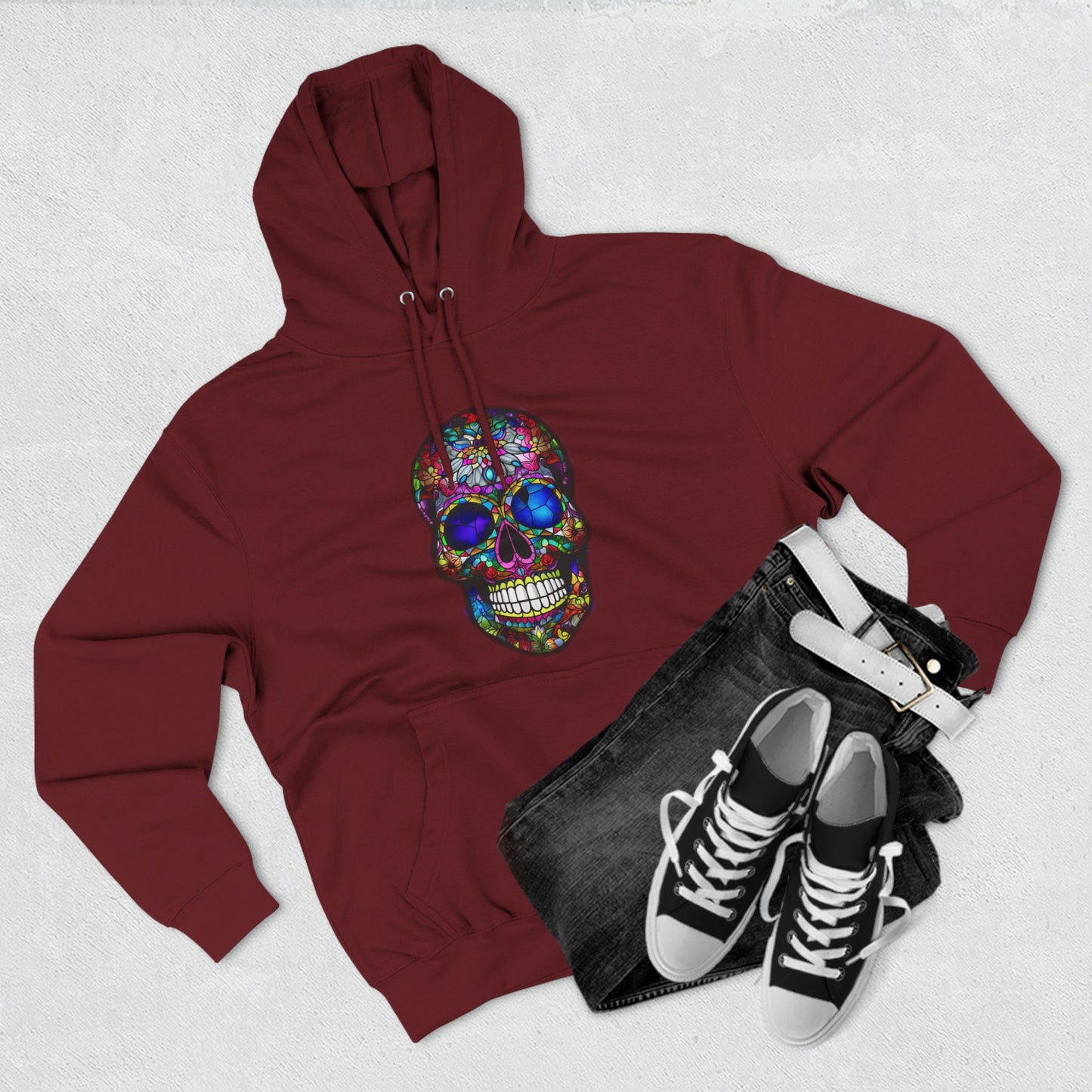 Unique Gift for the person (or yourself) who has wants to stand out in a crowd! Stained Glass Sugar Skull. Unisex Premium Pullover Hoodie.