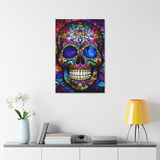 Vibrant Stained Glass Mexican Sugar Skull Print. Unique Wall Art for your Home, Apartment, Dorm Room. Folk Art Inspired Home Decor.
