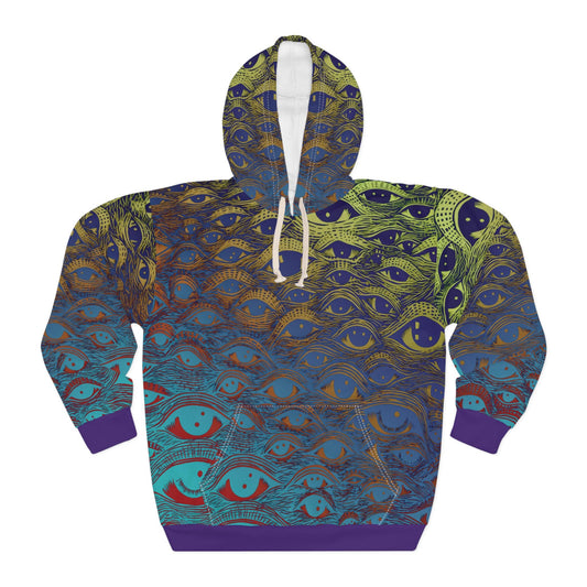 All Eyes On Me Color Hoodie | Unisex Pullover with Hypnotic Eye Design Unique, Trendy Streetwear. Multicolored one-of-a-kind sweatshirt.