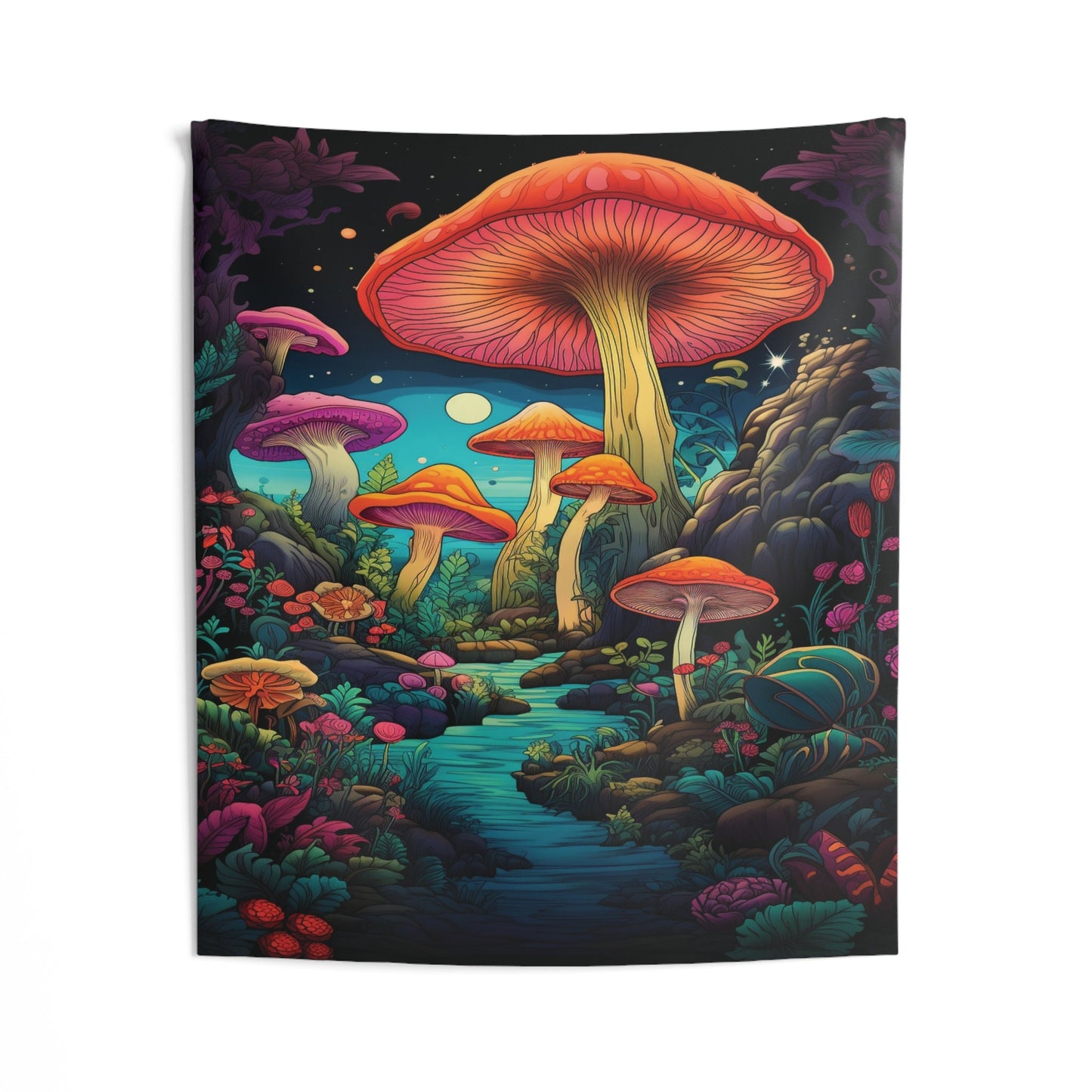 Whimsical Forest Mushroom Wall Tapestry - Vibrant Psychedelic Art Decor for Home & Dorm. Trippy mushroom and outdoor scene.