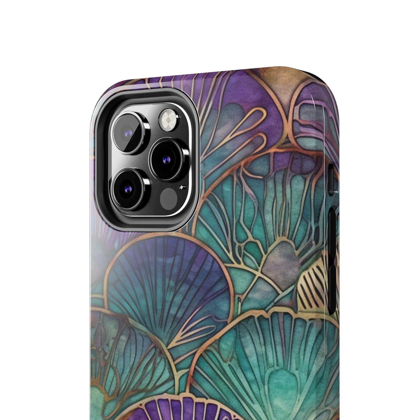 Ai Generated Art. Teal, Purple and Gold Stained Glass Shells : Tough Samsung Galaxy or iPhone Case