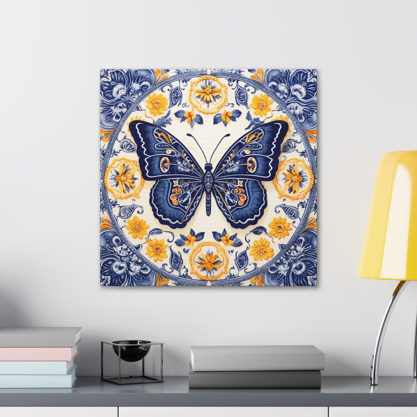 Unique Wall Art for your Home, Apartment or Dorm Room. Butterfly in the style of Qinghua pottery #2. Blue, Orange & white. Awesome 4 U.