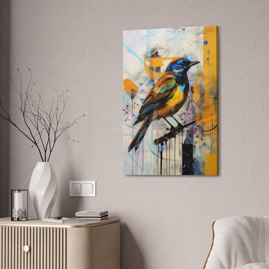 Unique College Dorm or New Apartment Wall Art | Abstract print of a yellow and blue bird. Ai generated digital painting.
