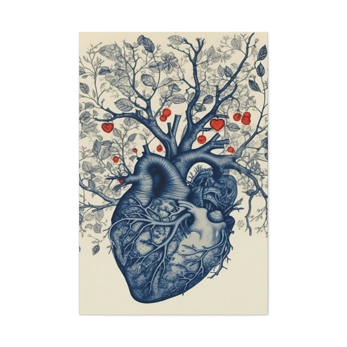 The Heart is the Root of Happiness. Ai Wall Art of an anatomical heart sprouting a tree with blooms. In Style of anatomical ink drawing.