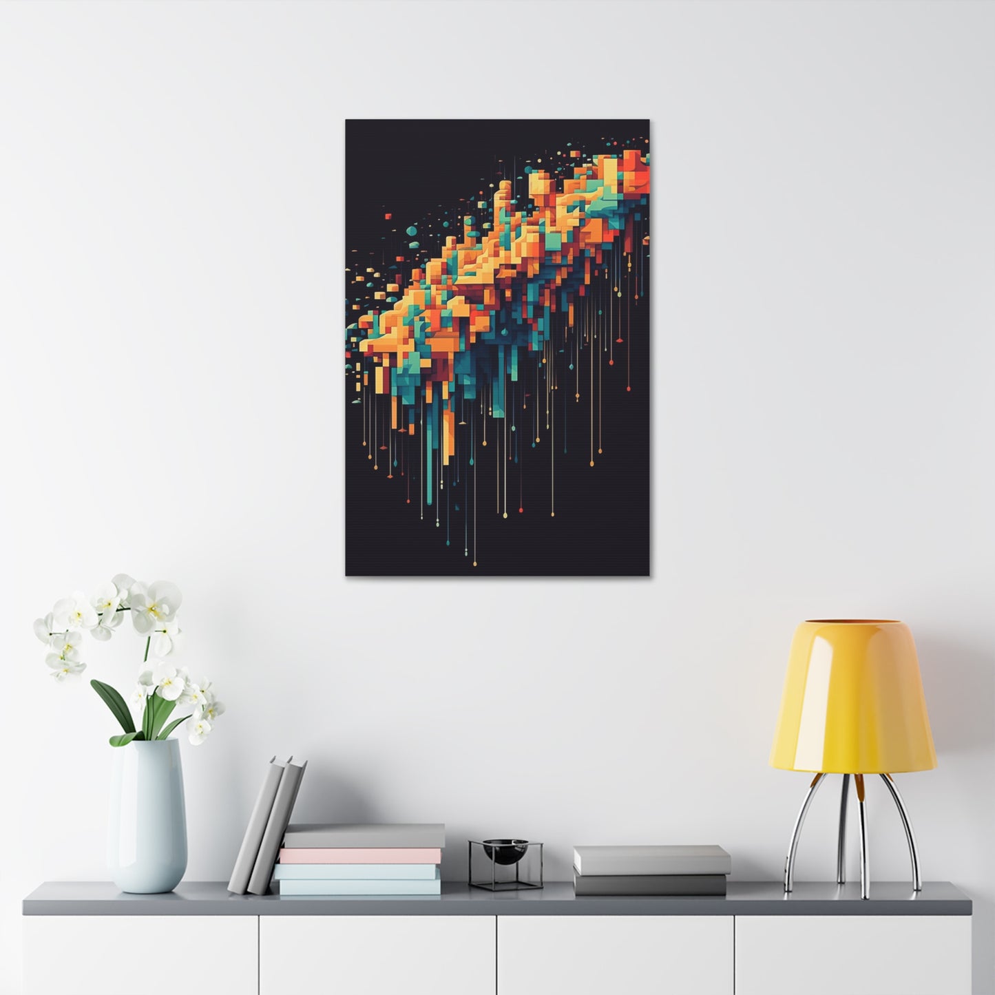 Pixel Drip: AI generated art crossing pixel art mixed with paint pouring techniques. Multicolored wall art.