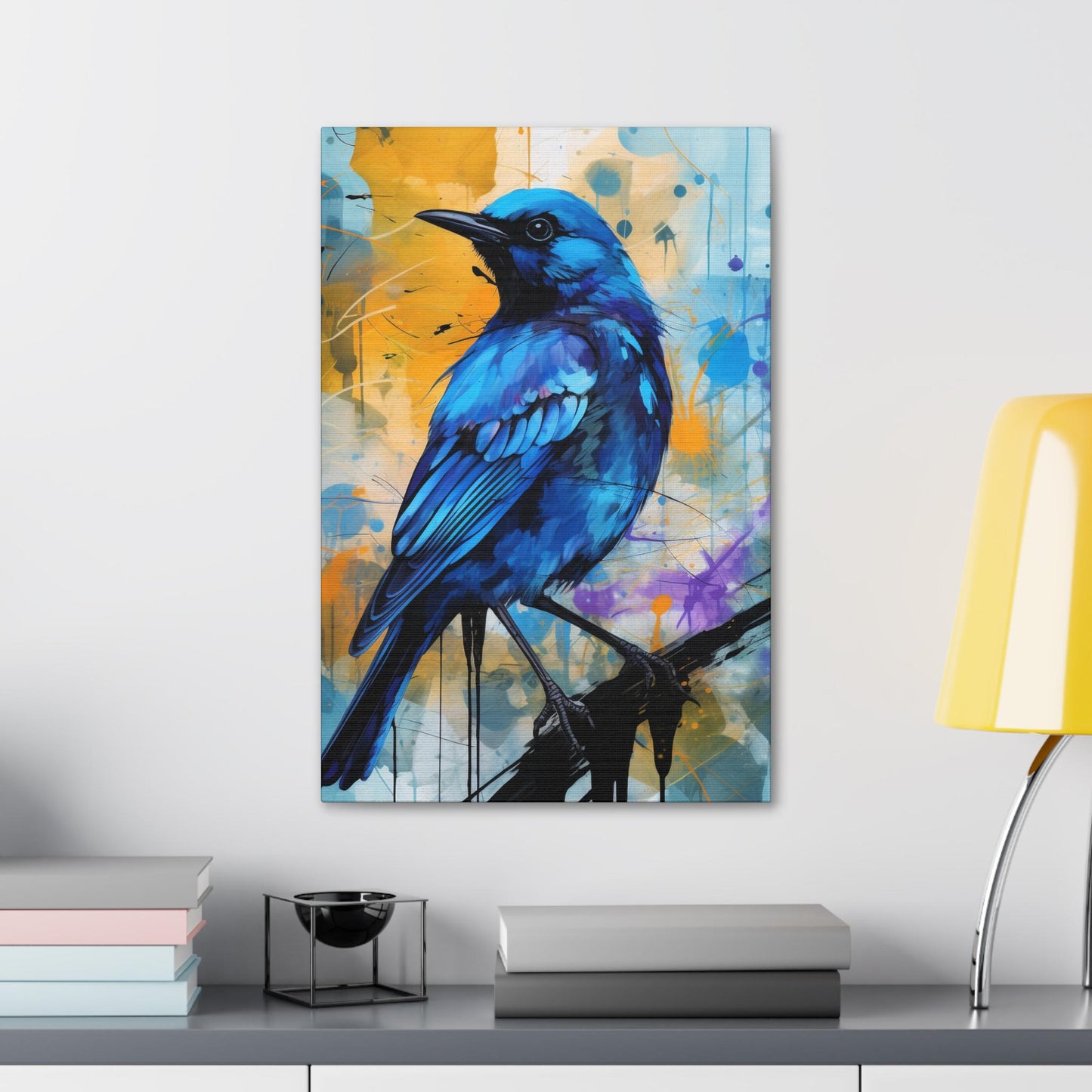 Canvas Stretched Wall Art, Blue Bird on Colorful Abstract Background, Art Print, Home Decor, Gallery Wrapped Canvas, Bird Lover Gift