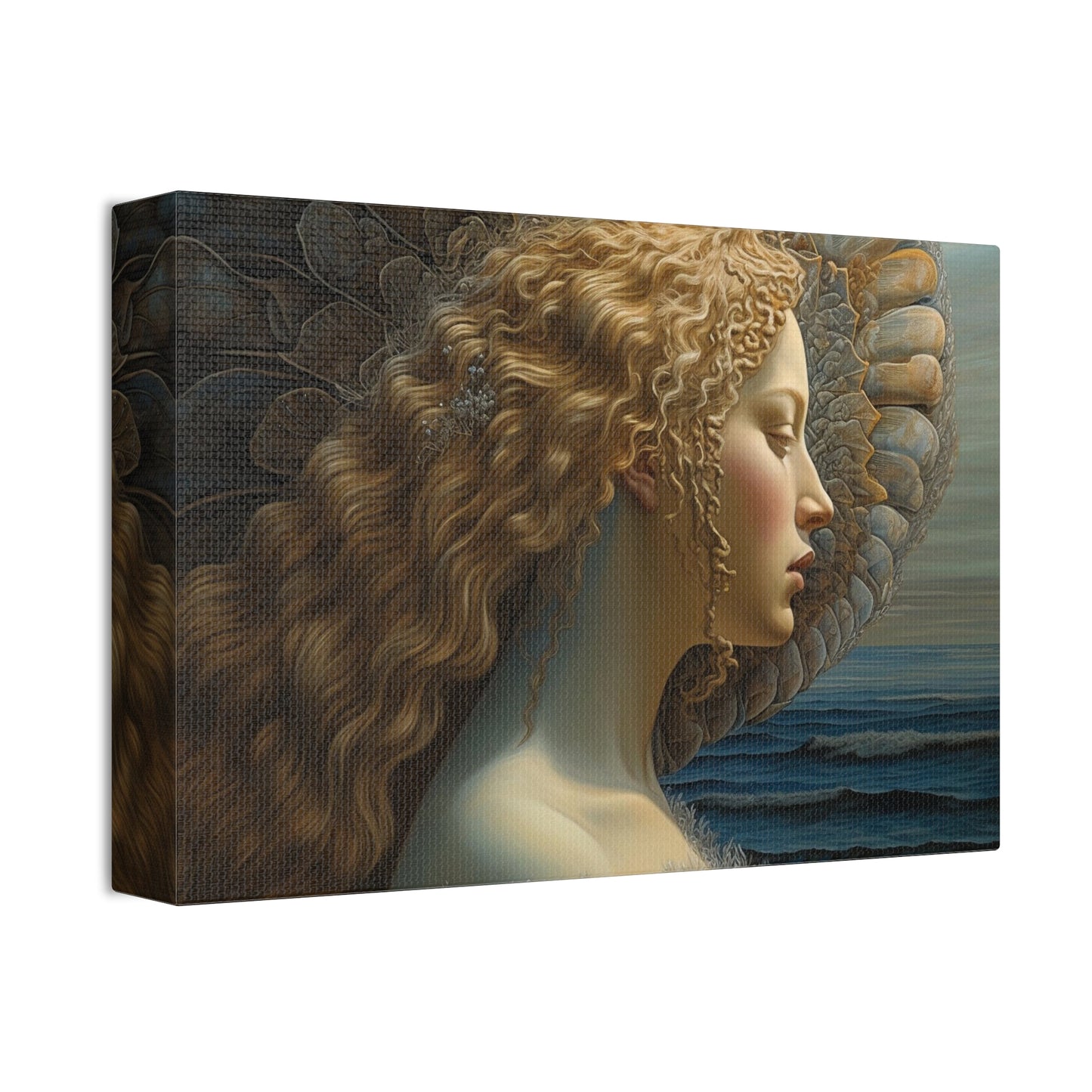 Ai Wall Art: Reimagined version of Botticelli's masterpiece, The Birth of Venus from a profile view. This is a beautiful, yet haunting print