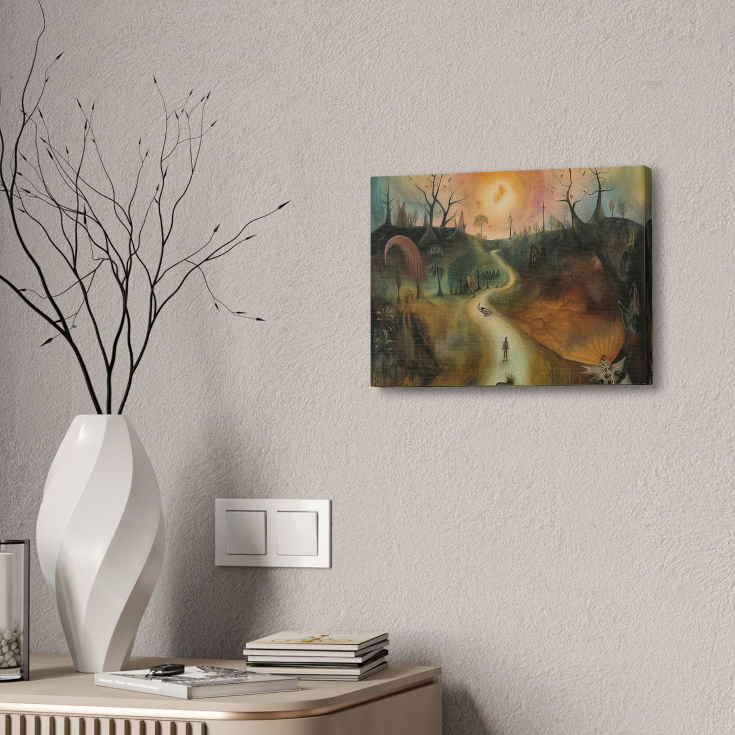 Sleep Paralysis Road: AI generated version of the a Surrealistic piece meant to be haunting and dreamy wall art. Ode to Leonora Carrington.