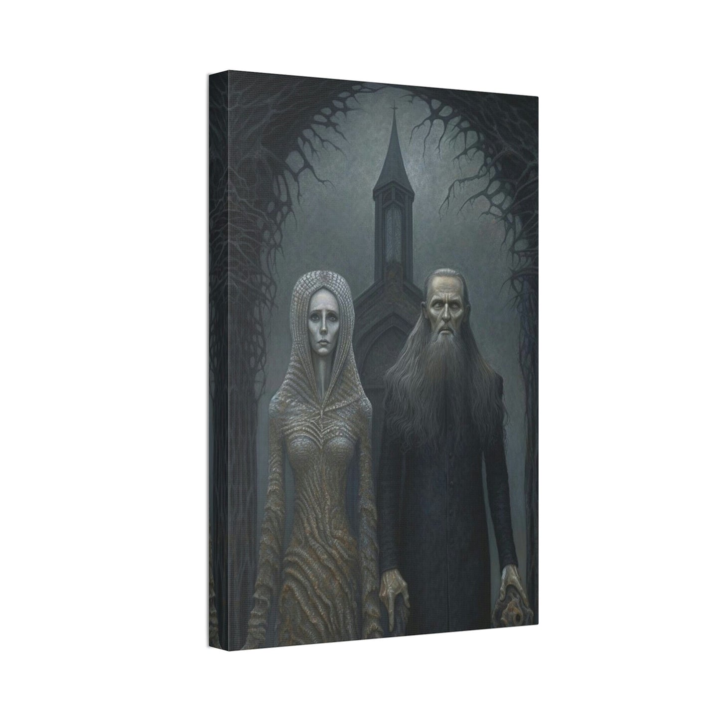 Unique wall art for college apartments or new homes | Gothic American Gothic: AI version of the classic masterpiece. A haunting gift.