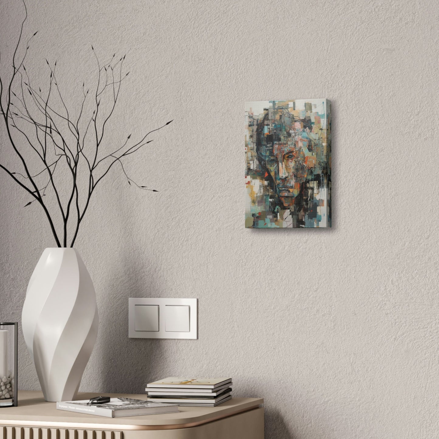 Sorrow of Desires. Ai Wall Art Abstract painting print of a sullen man. Brightly colored with teal, red, and orange on a beige background.