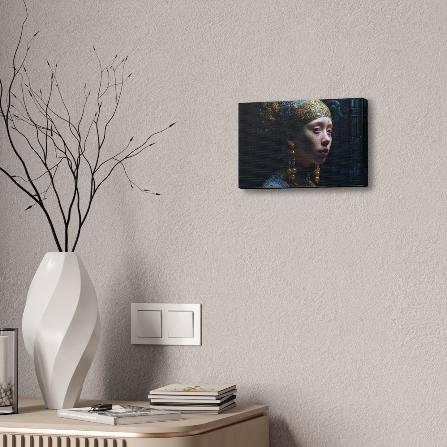 Ai Wall Art: Reimagined Photorealistic version of the Vermeer masterpiece, Girl with a Pearl Earring. Alternative POV with an alien twist.